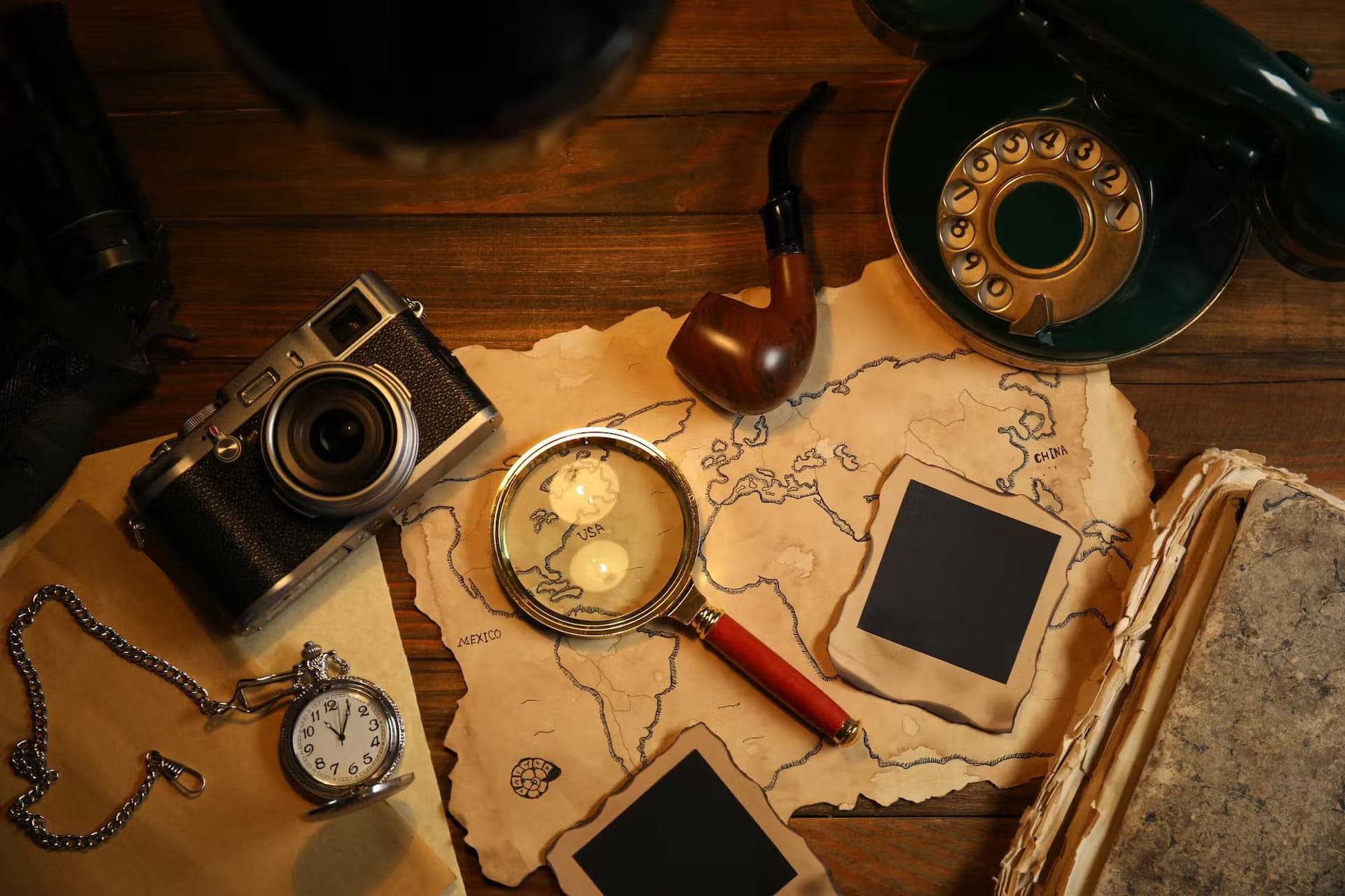 An antique camera, a vintage pocket watch, and a modern phone are placed on a table.