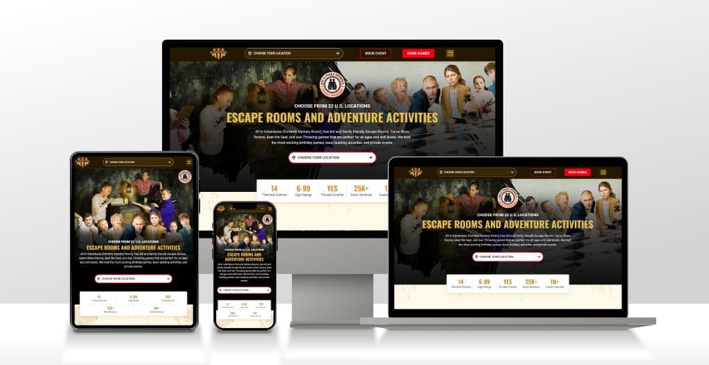 A responsive website design for All In Adventures is showcased on desktop, tablet, and smartphone screens, proving the site's compatibility across all devices.