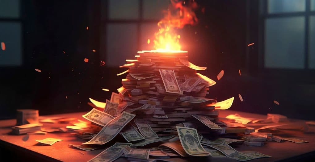 A stack of money burning in flames, symbolizing financial loss or destruction due to costly mistakes.